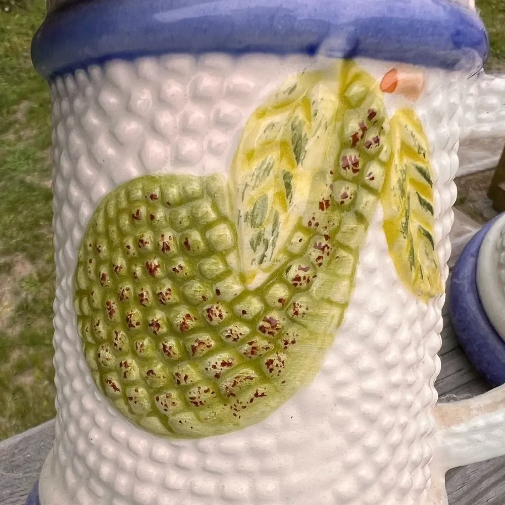 5 White Signed Ceramic Mugs With Fruit Design Made In Mexico With Fruit Design